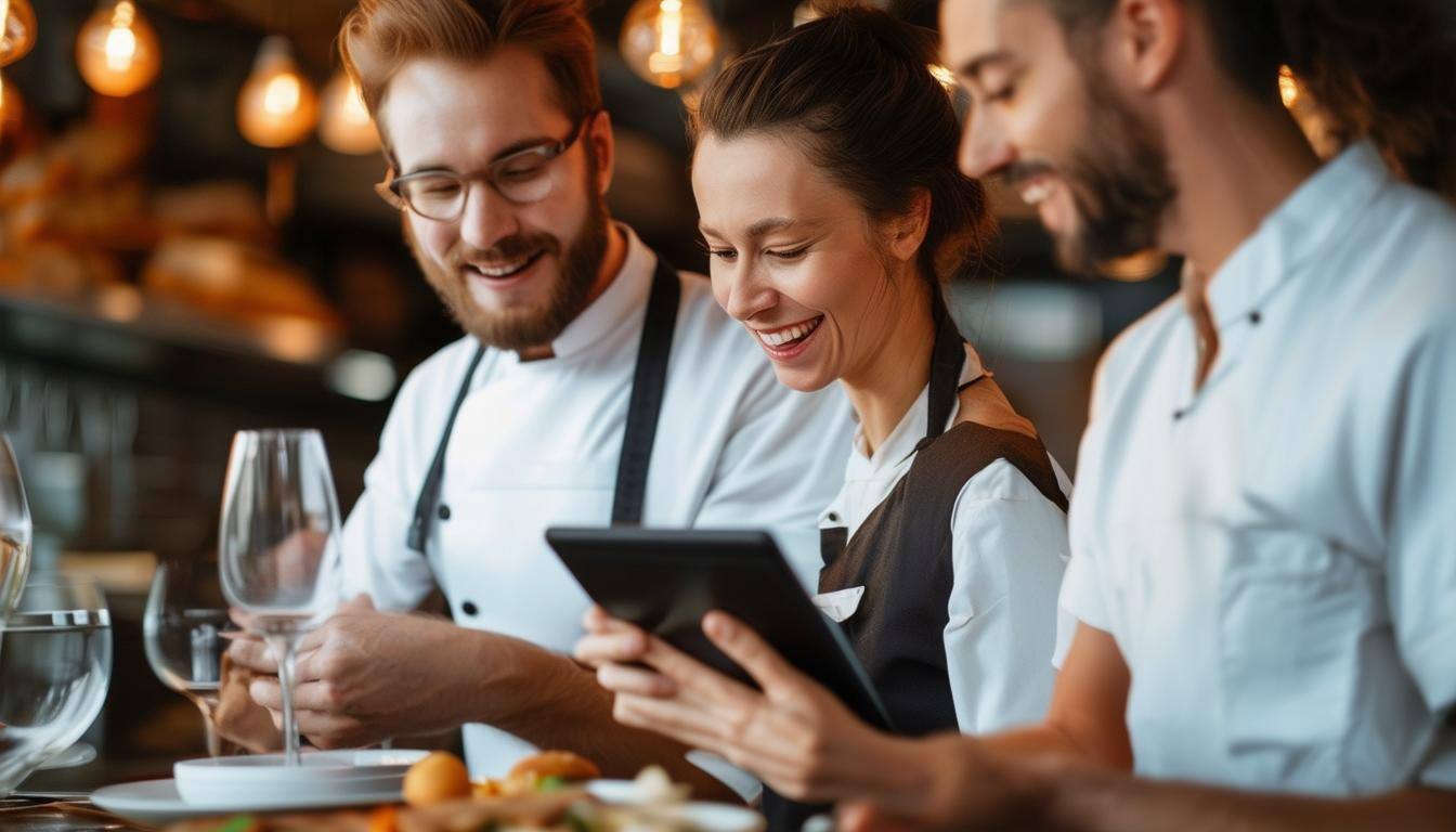 restaurant staff talking and looking at tablet